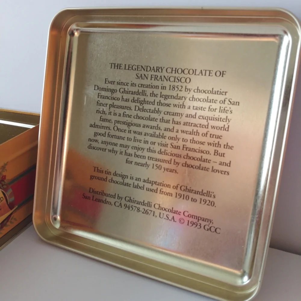 Vintage Ghirardelli's Chocolate Tin Square Gold Green Red 1993